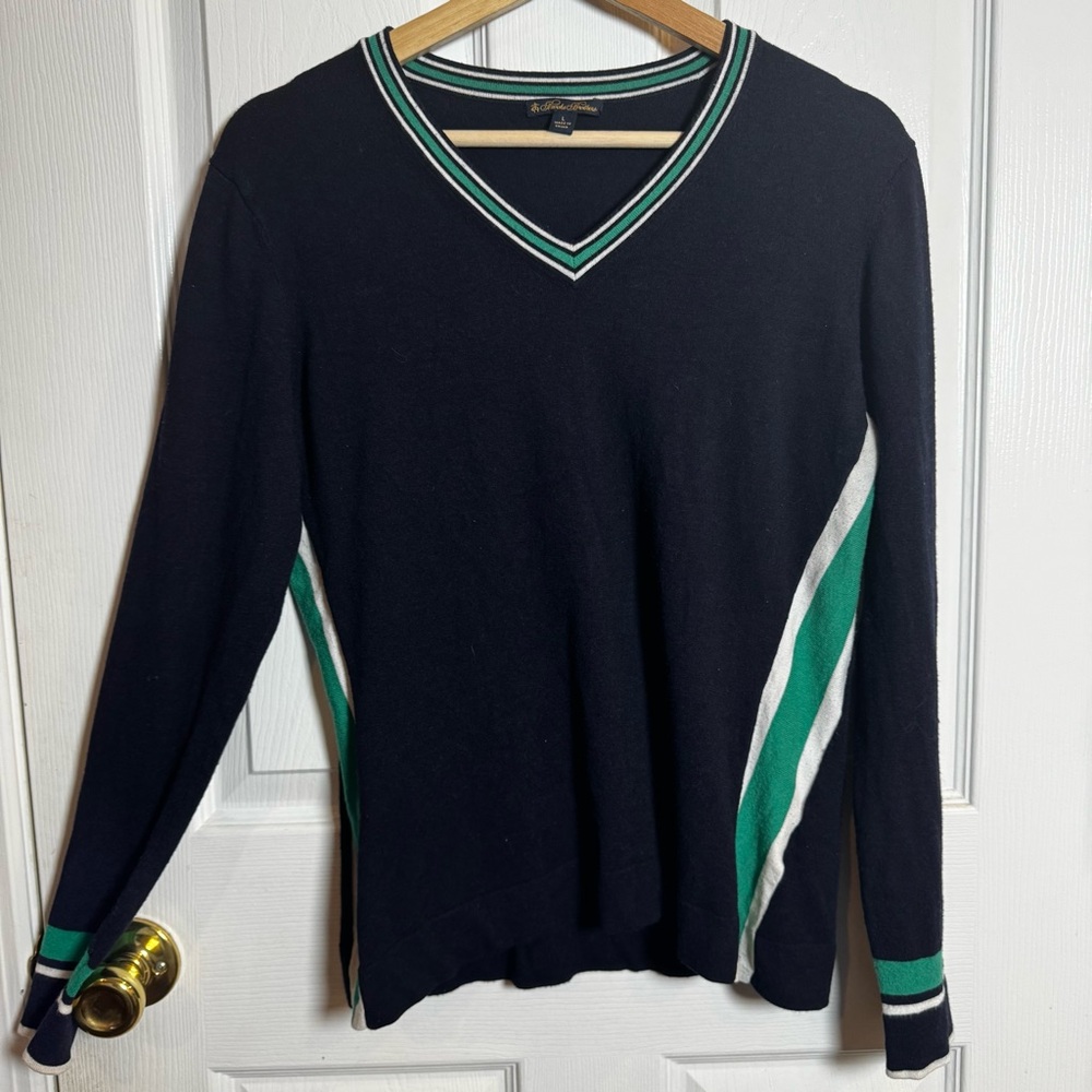 Brooks Brothers Navy Green V-Neck Sweater Pullover Athletic Stripe Size Large - Picture 2 of 11